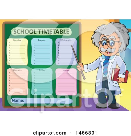 Clipart of a Male Scientist or Professor Holding a Pointer Stick by a Timetable - Royalty Free Vector Illustration by visekart