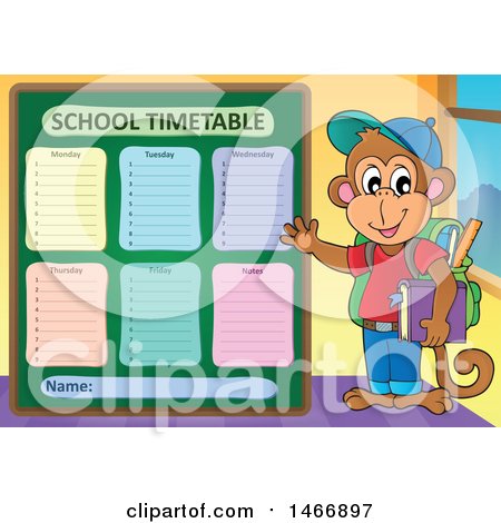 Clipart of a Monkey Student by a School Time Table - Royalty Free Vector Illustration by visekart
