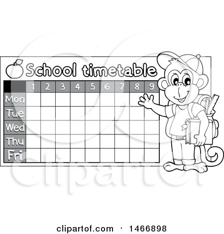 Clipart of a Grayscale Monkey Student by a School Time Table - Royalty Free Vector Illustration by visekart
