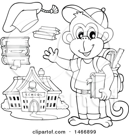 Clipart of a Black and White Monkey Student and Icons - Royalty Free Vector Illustration by visekart