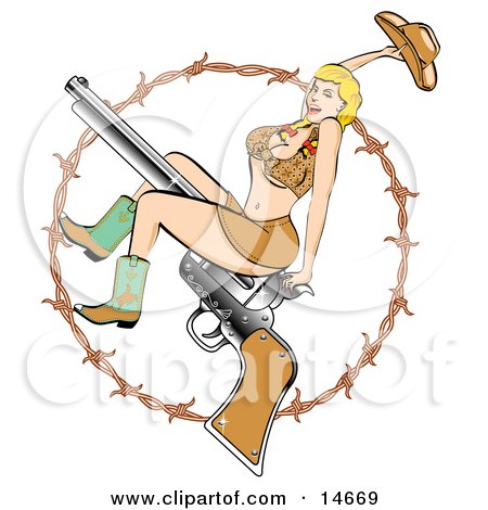 Sexy Blond Woman In A Short Halter Top And Short Mini Skirt, Wearing Cowboy Boots And Holding Up Her Hat While Riding A Pistil, Surrounded By Barbed Wire Clipart Illustration by Andy Nortnik
