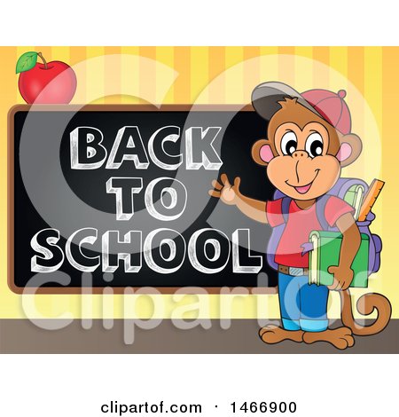 Clipart of a Monkey Student by a Back to School Blackboard - Royalty Free Vector Illustration by visekart