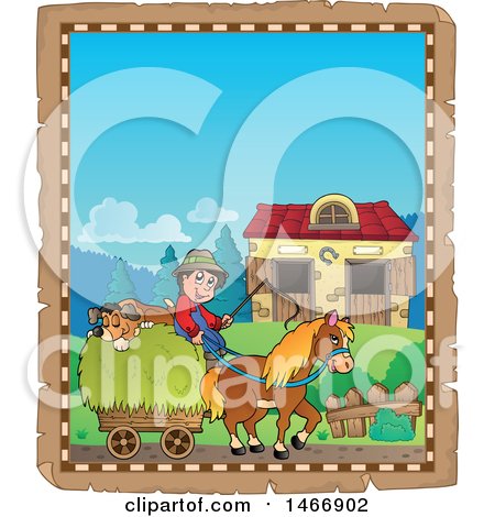 Clipart of a Parchment Border of a Farmer and Horse Cart - Royalty Free Vector Illustration by visekart