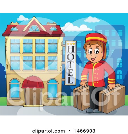 Clipart of a Porter Carrying Luggage by a Hotel Building - Royalty Free Vector Illustration by visekart