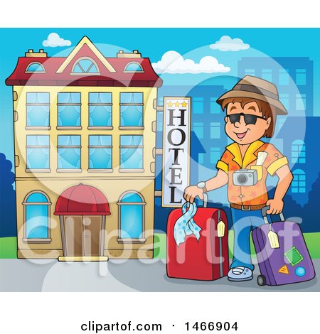 Clipart of a Male Traveler by a Hotel Building - Royalty Free Vector Illustration by visekart