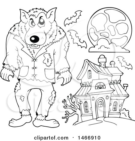 Clipart of a Black and White Werewolf and Haunted House - Royalty Free Vector Illustration by visekart