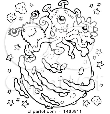 Clipart of a Black and White Planet with Aliens - Royalty Free Vector Illustration by visekart