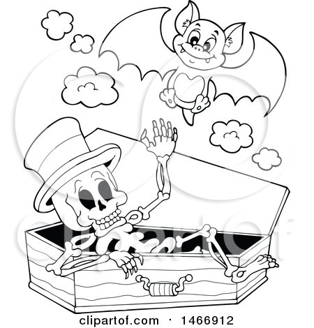 Clipart of a Black and White Skeleton in a Coffin and Vampire Bat - Royalty Free Vector Illustration by visekart