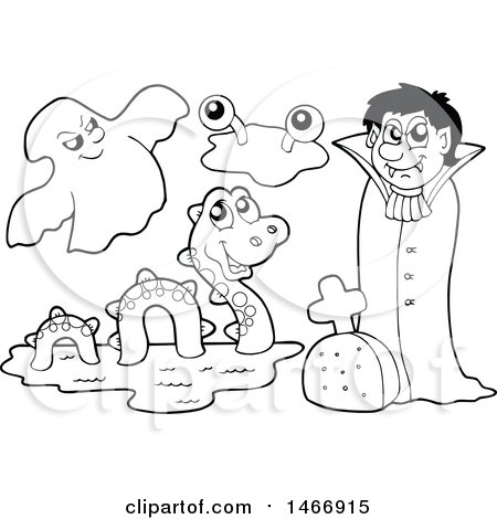 Clipart of a Black and White Ghost, Monster, and Vampire - Royalty Free Vector Illustration by visekart