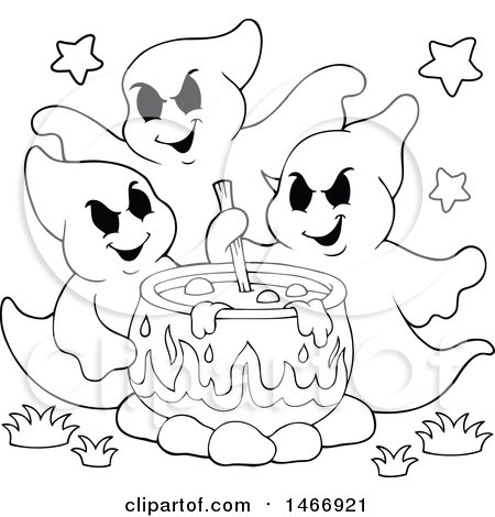 Clipart of a Black and White Group of Ghosts Stirring a Cauldron - Royalty Free Vector Illustration by visekart