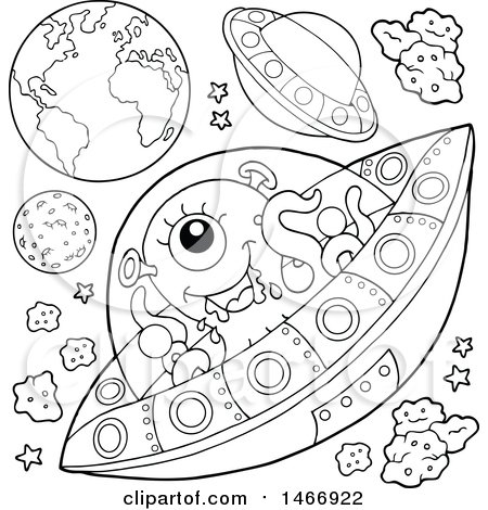 Clipart of a Black and White Alien Flying a Ufo - Royalty Free Vector Illustration by visekart