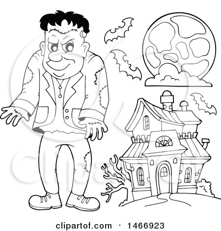 Clipart of a Black and White Frankenstein by a Haunted House - Royalty Free Vector Illustration by visekart