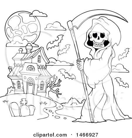 Clipart of a Black and White Grim Reaper and Haunted House - Royalty Free Vector Illustration by visekart