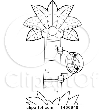 Clipart of a Lineart Happy Sloth Peeking Around a Palm Tree - Royalty Free Vector Illustration by Cory Thoman