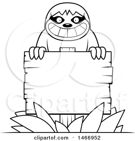 Clipart of a Lineart Happy Sloth over a Blank Wood Sign - Royalty Free Vector Illustration by Cory Thoman