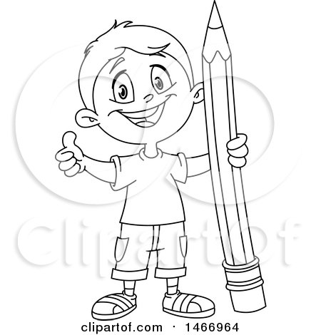 Clipart of a School Boy Giving a Thumb up and Holding a Giant Pencil, Black and White - Royalty Free Vector Illustration by yayayoyo