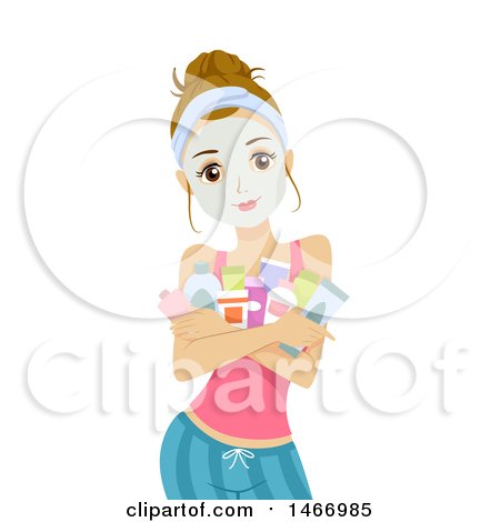 Clipart of a Teenage Girl with a Face Mask On, Holding Beauty Products - Royalty Free Vector Illustration by BNP Design Studio