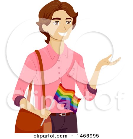 Clipart of a Teenage Guy Holding a Rainbow LGBTQ Pride Flag - Royalty Free Vector Illustration by BNP Design Studio