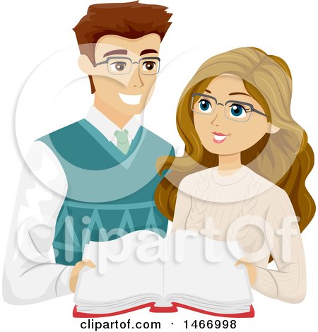 Clipart of a Teen Couple Wearing Glasses and Reading a Book - Royalty Free Vector Illustration by BNP Design Studio