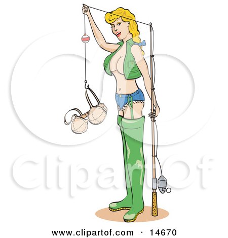Sexy Blond Woman in Fishing Gear, Holding up Her Bra in a Hook Clipart Illustration by Andy Nortnik