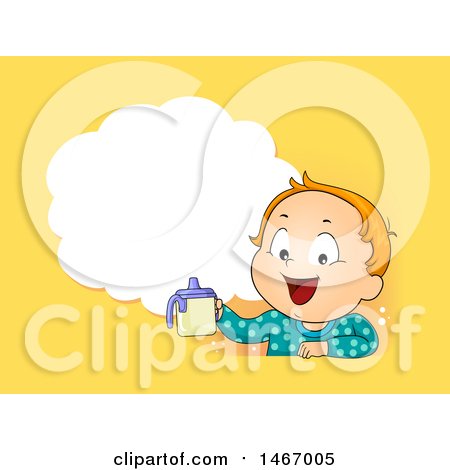 Clipart of a Toddler Boy Holding a Sippy Cup Under a Thought Cloud on Yellow - Royalty Free Vector Illustration by BNP Design Studio