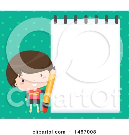 Clipart of a Boy Holding a Pencil by a Notepad over Dots - Royalty Free Vector Illustration by BNP Design Studio