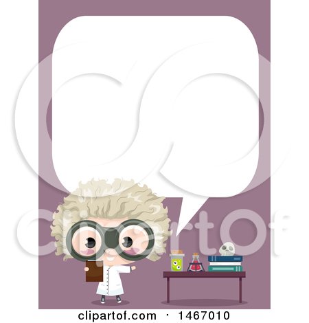 Clipart of a Mad Scientist Boy Talking by a Desk - Royalty Free Vector Illustration by BNP Design Studio