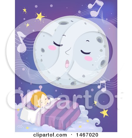 Clipart of a Full Moon Singing a Lullaby over a Sleeping Boy - Royalty Free Vector Illustration by BNP Design Studio