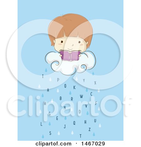 Clipart of a Sketched Boy Reading a Book on a Rain Cloud with Letters - Royalty Free Vector Illustration by BNP Design Studio