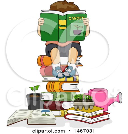 Clipart of a Brunette Boy Reading a Garden Book on a Stack of Books - Royalty Free Vector Illustration by BNP Design Studio