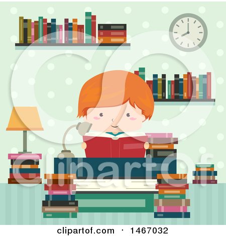 Clipart of a Red Haired Boy Reading a Book in a Library - Royalty Free Vector Illustration by BNP Design Studio