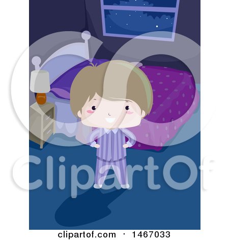 Clipart of a Boy in Pajamas, Standing in a Dark Bedroom - Royalty Free Vector Illustration by BNP Design Studio