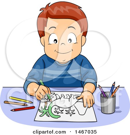 Clipart of a Boy Coloring a Dinosaur - Royalty Free Vector Illustration by BNP Design Studio