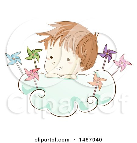 Clipart of a Sketched Boy in a Cloud with Pinwheels - Royalty Free Vector Illustration by BNP Design Studio