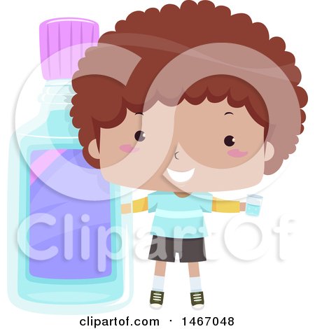 Clipart of a Boy Holding a Cup Next to a Giant Bottle of Mouthwash - Royalty Free Vector Illustration by BNP Design Studio