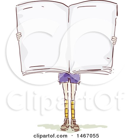 Clipart of a Sketched Girl Hidden Behind a Giant Open Book - Royalty Free Vector Illustration by BNP Design Studio