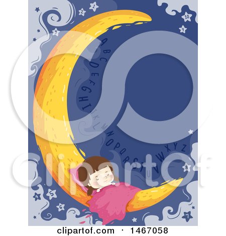 Clipart of a Girl Sleeping on a Crescent Moon with Letters - Royalty Free Vector Illustration by BNP Design Studio
