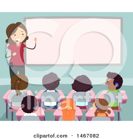 Clipart of a Female Teacher Wearing a Headset in a Class Room - Royalty Free Vector Illustration by BNP Design Studio