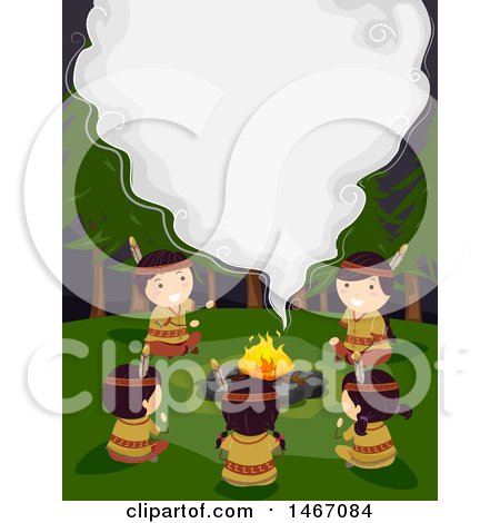Clipart of a Group of Native American Children Gathered Around a Bonfire, with Smoke Forming Text Space - Royalty Free Vector Illustration by BNP Design Studio