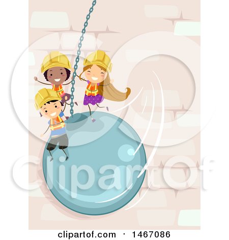 Clipart of a Group of Children Swinging on a Wrecking Ball - Royalty Free Vector Illustration by BNP Design Studio