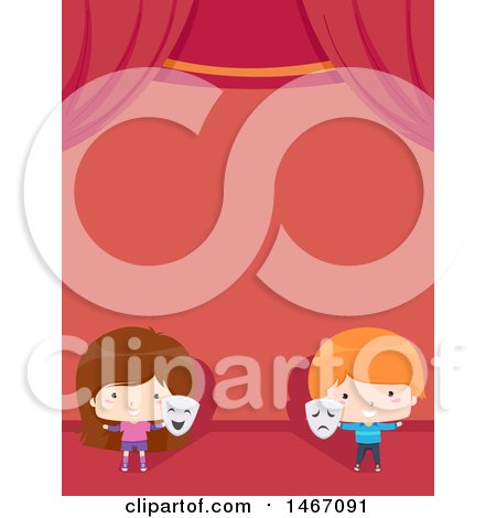 Clipart of a Boy and Girl Holding Drama Masks on Stage - Royalty Free Vector Illustration by BNP Design Studio