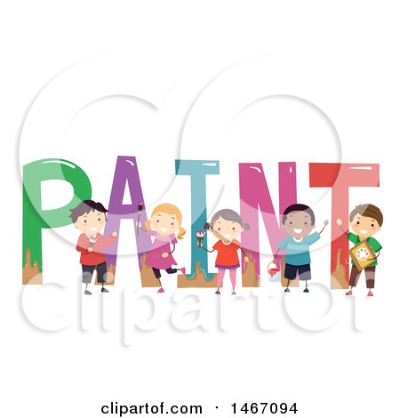 Clipart of a Group of Children Decorating the Word Paint - Royalty Free Vector Illustration by BNP Design Studio