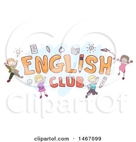 Clipart of a Sketch of Children Around the Word English Club - Royalty Free Vector Illustration by BNP Design Studio