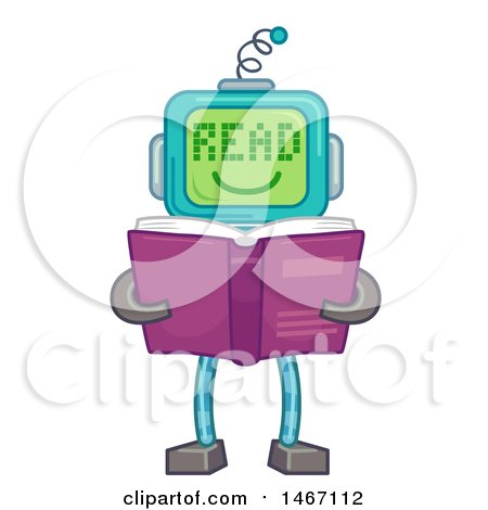 Clipart of a Robot with a Screen Face Saying Read, Holding a Book - Royalty Free Vector Illustration by BNP Design Studio