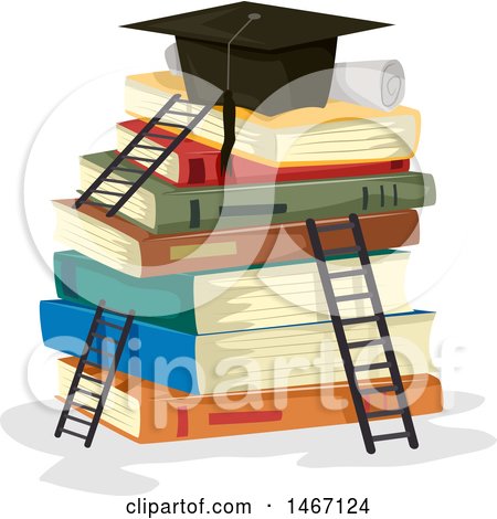 Clipart of a Diploma and Graduation Cap on Top of a Stack of Books with Ladders - Royalty Free Vector Illustration by BNP Design Studio