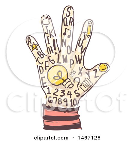 Clipart of a Sketched Hand with Letters, Numbers and a Light Bulb - Royalty Free Vector Illustration by BNP Design Studio