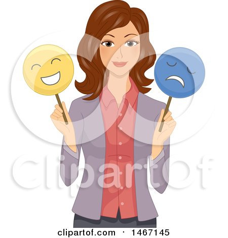 Clipart of a Female Teacher Holding Happy and Sad Masks - Royalty Free Vector Illustration by BNP Design Studio