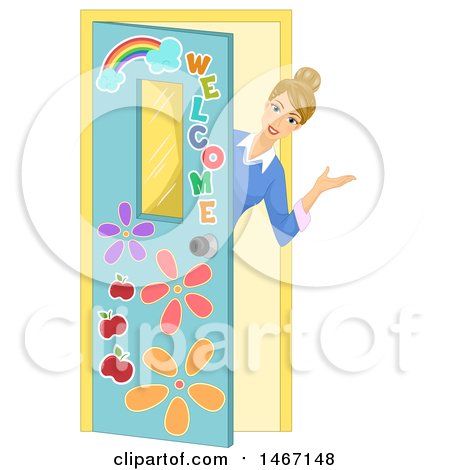 Clipart of a Female Teacher Peeking Around a Door and Welcoming - Royalty Free Vector Illustration by BNP Design Studio
