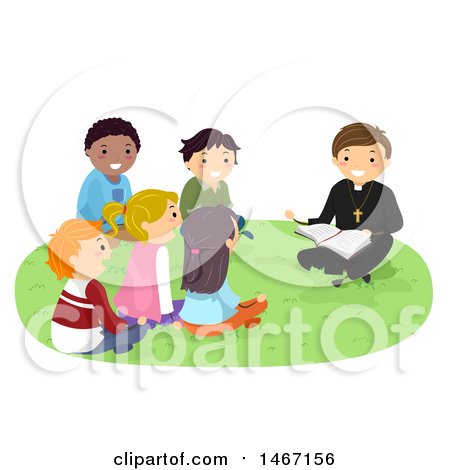 Clipart of a Group of Teenagers Gathered Around a Priste at Bible Study - Royalty Free Vector Illustration by BNP Design Studio