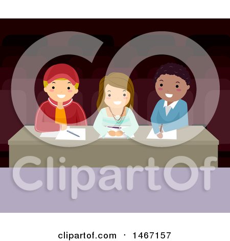 Clipart of a Panel of Judges Sitting at a Desk in a Theater - Royalty Free Vector Illustration by BNP Design Studio